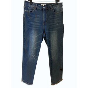 John Mark Raw Hem Crop Jeans Size 14 High Rise Stretch Blue Distressed‎ Denim